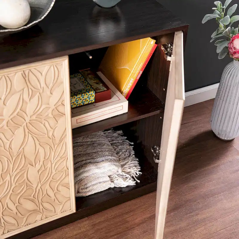 Transitional Style Brown and Cream Two-Door Wood Storage Cabinet