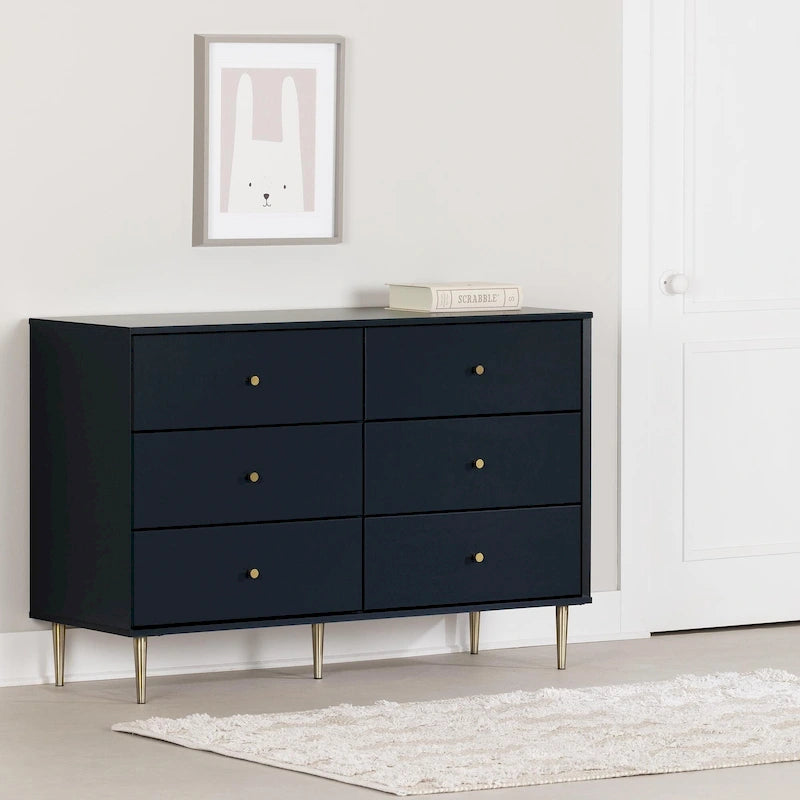 6-Drawer Double Dresser with Brass Legs and Knob Handles for Kids Room