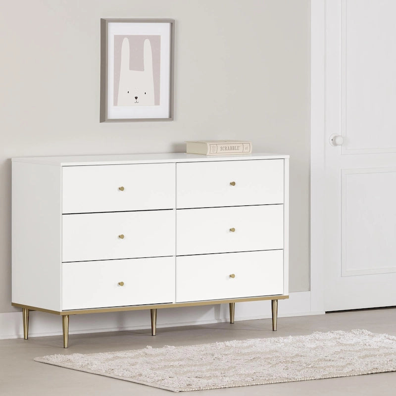 6-Drawer Double Dresser with Brass Legs and Knob Handles for Kids Room