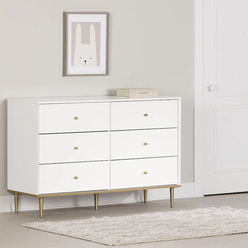 6-Drawer Double Dresser with Brass Legs and Knob Handles for Kids Room