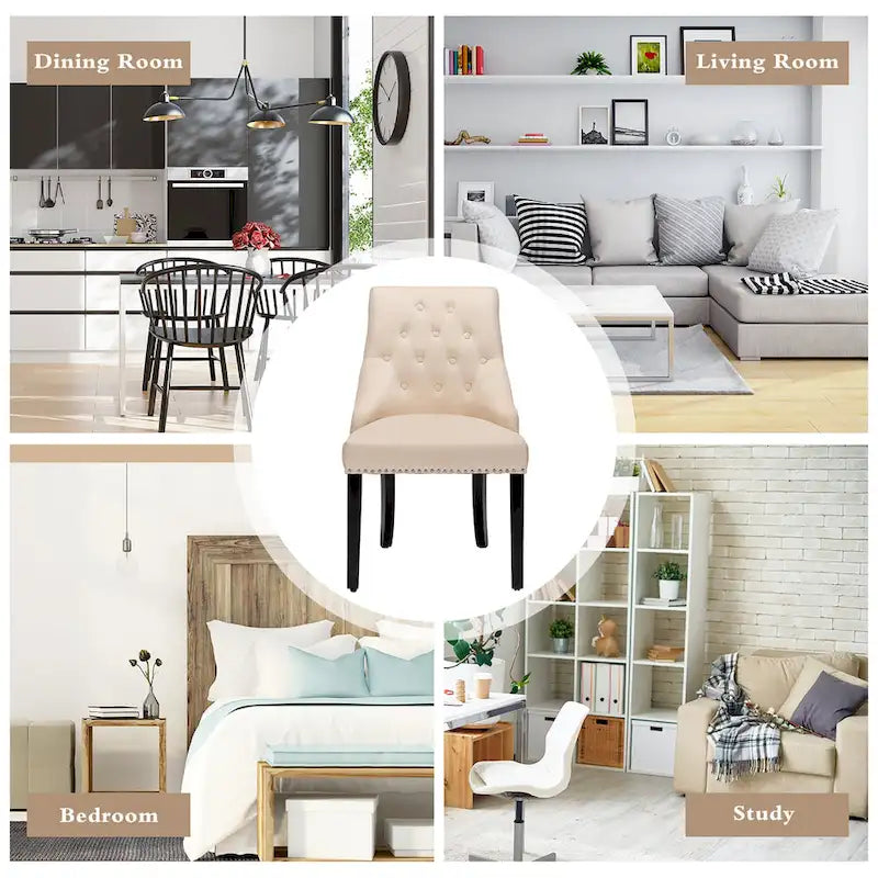 Button-Tufted Upholstered Dining Chair with Rubber Wood Legs and Nailed Trim