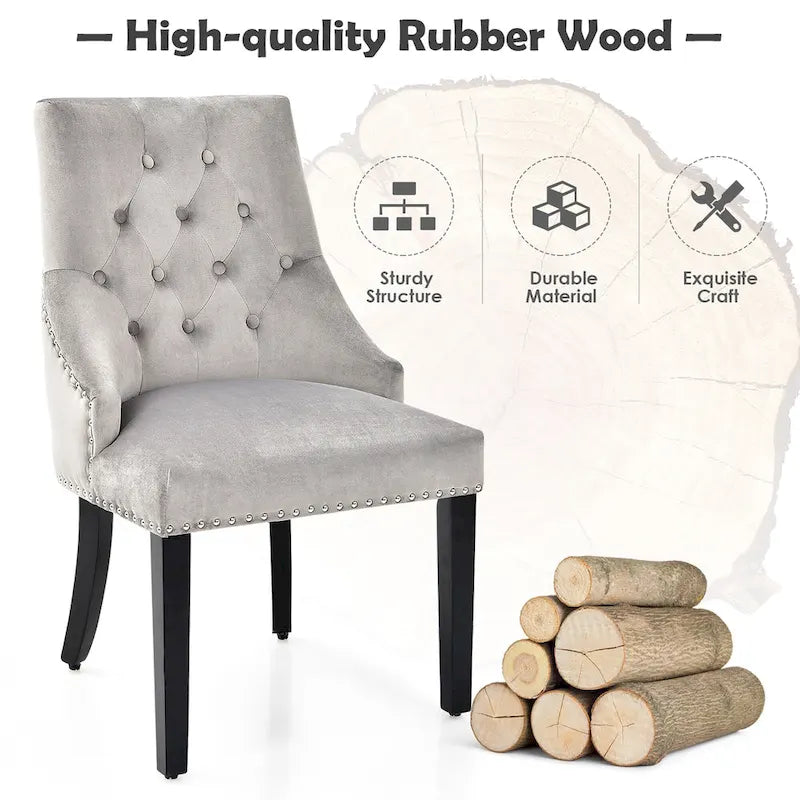 Button-Tufted Upholstered Dining Chair with Rubber Wood Legs and Nailed Trim