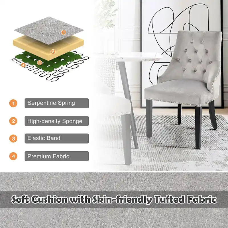 Button-Tufted Upholstered Dining Chair with Rubber Wood Legs and Nailed Trim