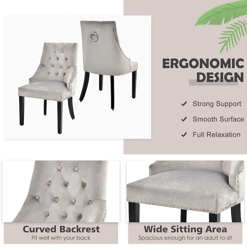 Button-Tufted Upholstered Dining Chair with Rubber Wood Legs and Nailed Trim
