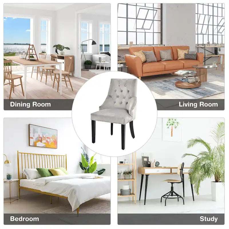Button-Tufted Upholstered Dining Chair with Rubber Wood Legs and Nailed Trim