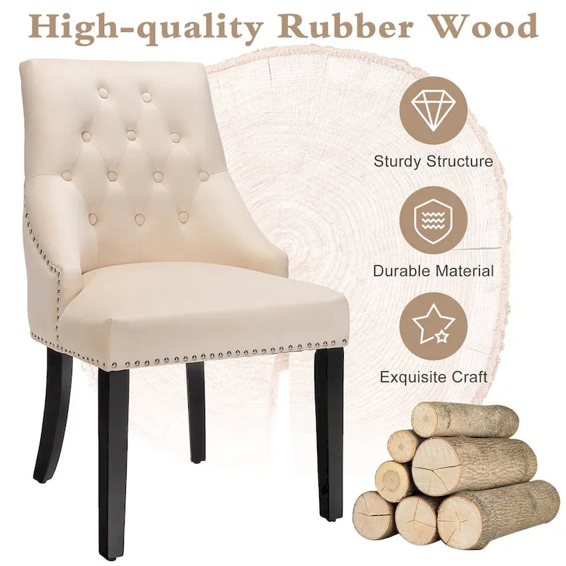 Button-Tufted Upholstered Dining Chair with Rubber Wood Legs and Nailed Trim