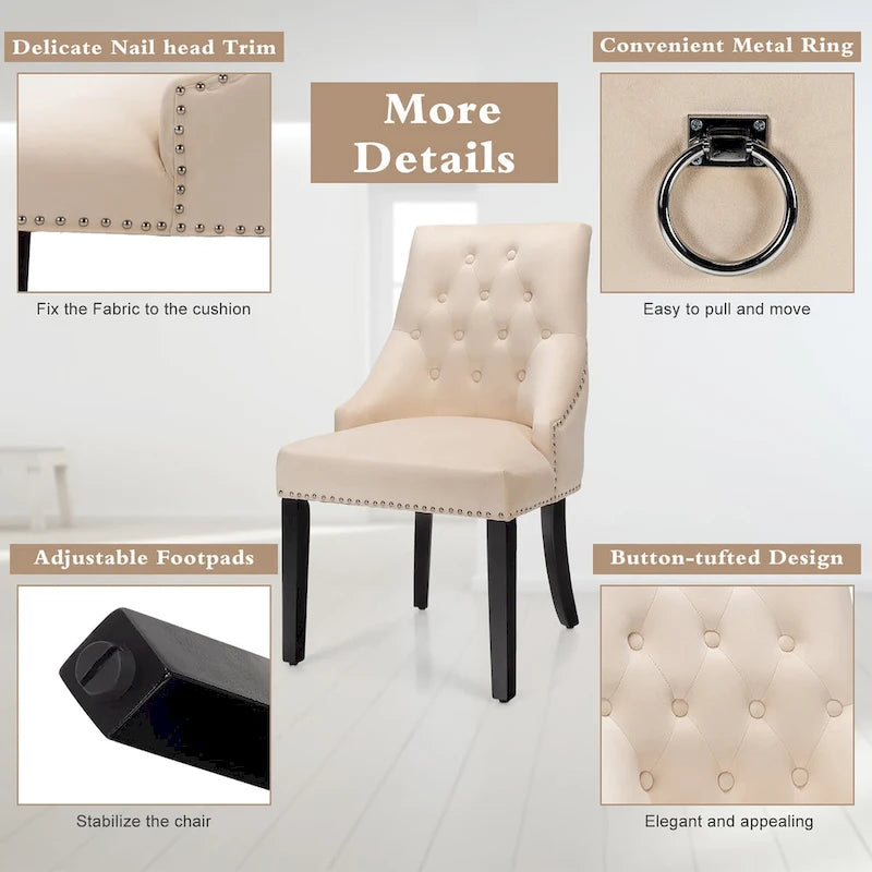 Button-Tufted Upholstered Dining Chair with Rubber Wood Legs and Nailed Trim