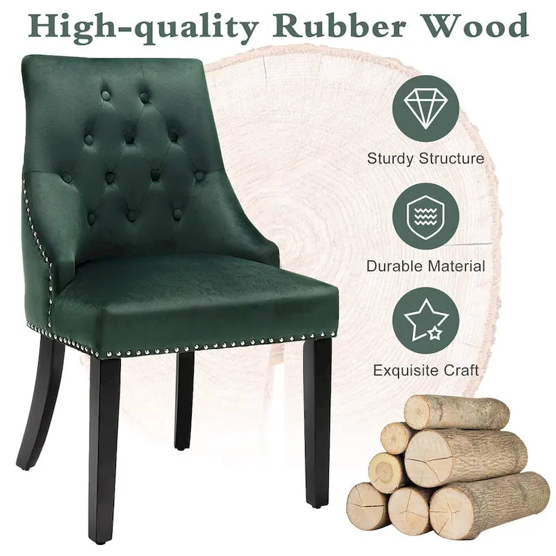 Button-Tufted Upholstered Dining Chair with Rubber Wood Legs and Nailed Trim