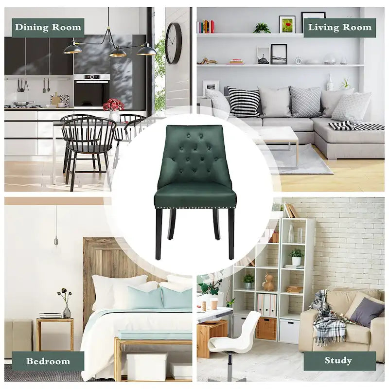 Button-Tufted Upholstered Dining Chair with Rubber Wood Legs and Nailed Trim