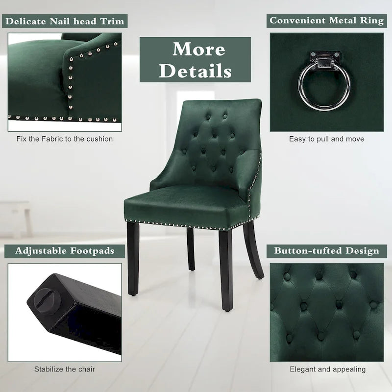 Button-Tufted Upholstered Dining Chair with Rubber Wood Legs and Nailed Trim