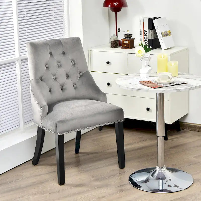 Button-Tufted Upholstered Dining Chair with Rubber Wood Legs and Nailed Trim