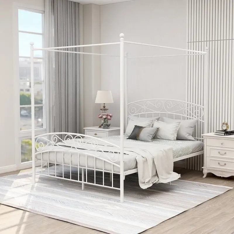 Metal Canopy Bed Frame with European Style Easy Assembly