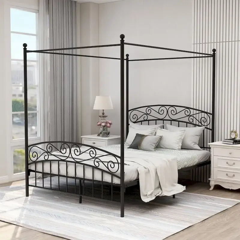 Metal Canopy Bed Frame with European Style Easy Assembly