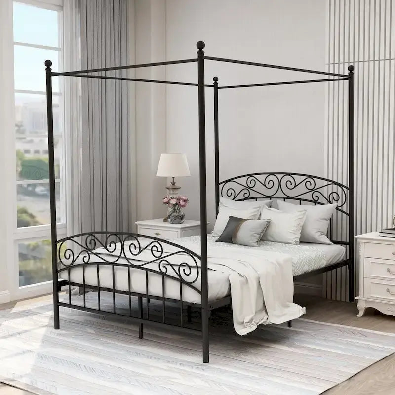 Metal Canopy Bed Frame with European Style Easy Assembly