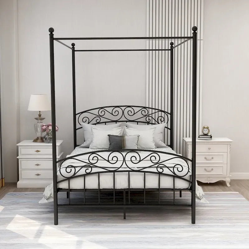 Metal Canopy Bed Frame with European Style Easy Assembly