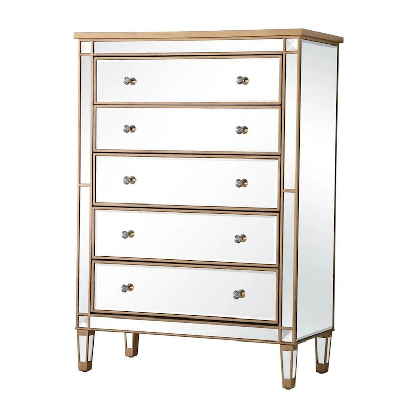 5-Drawer Mirrored Dresser Chest with Crystal Knobs Antique Glam Style