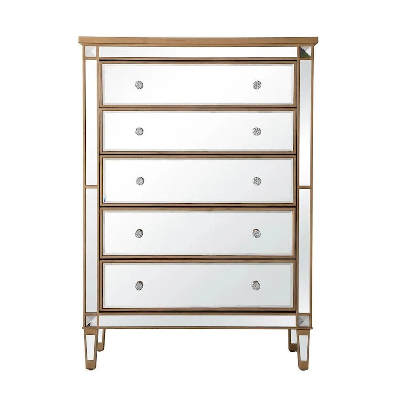 5-Drawer Mirrored Dresser Chest with Crystal Knobs Antique Glam Style