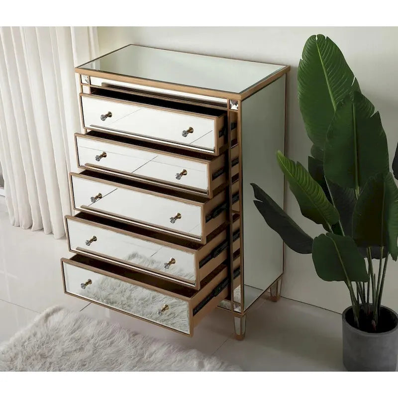 5-Drawer Mirrored Dresser Chest with Crystal Knobs Antique Glam Style