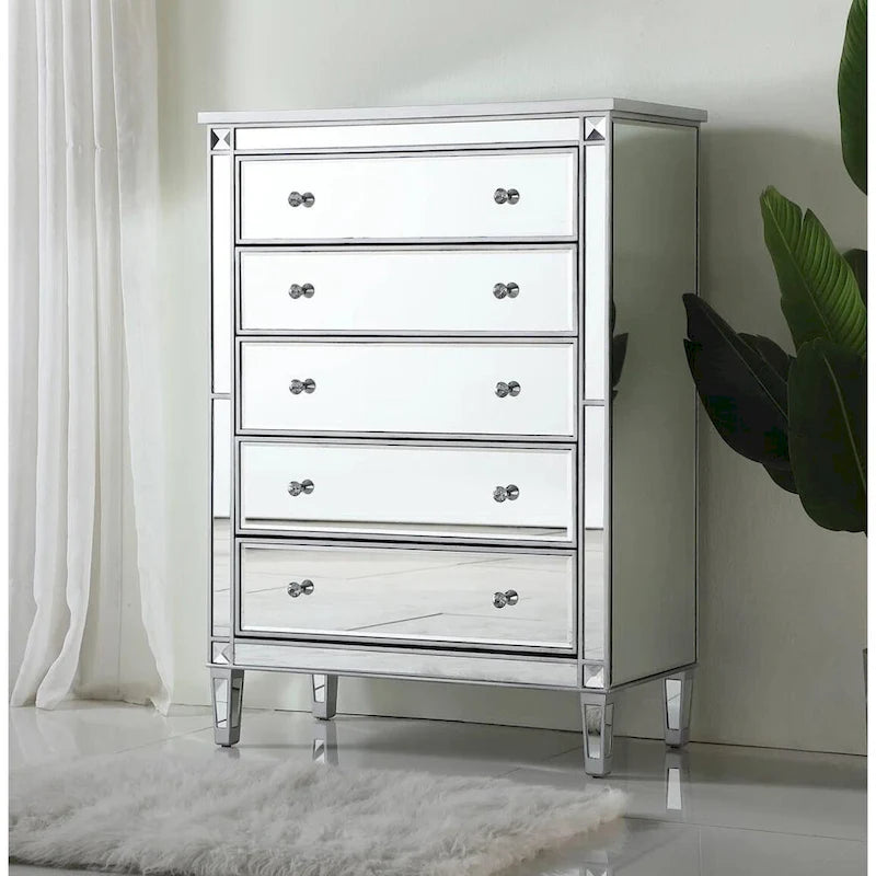 5-Drawer Mirrored Dresser Chest with Crystal Knobs Antique Glam Style