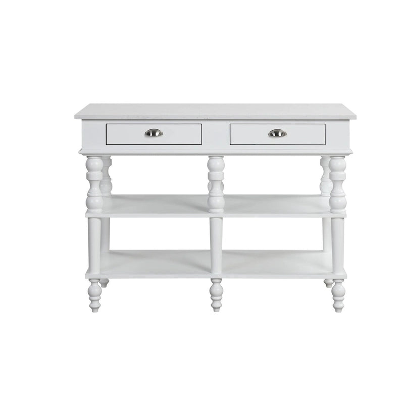 White 2-Drawer Kitchen Island with Open Shelves and Marble Top