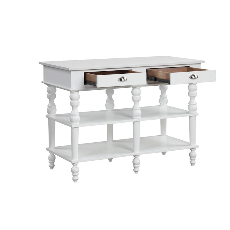 White 2-Drawer Kitchen Island with Open Shelves and Marble Top