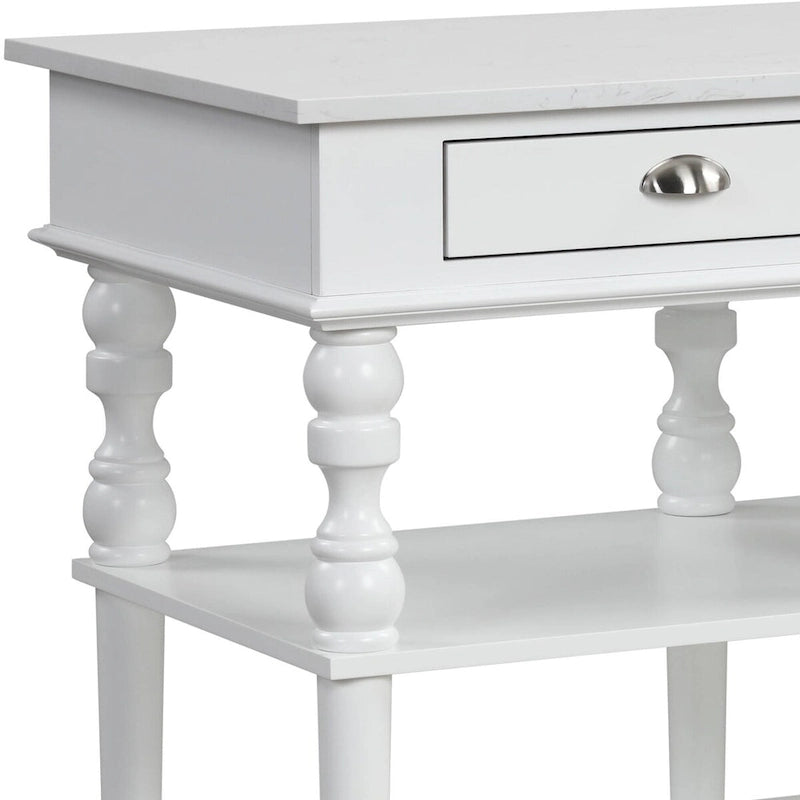 White 2-Drawer Kitchen Island with Open Shelves and Marble Top