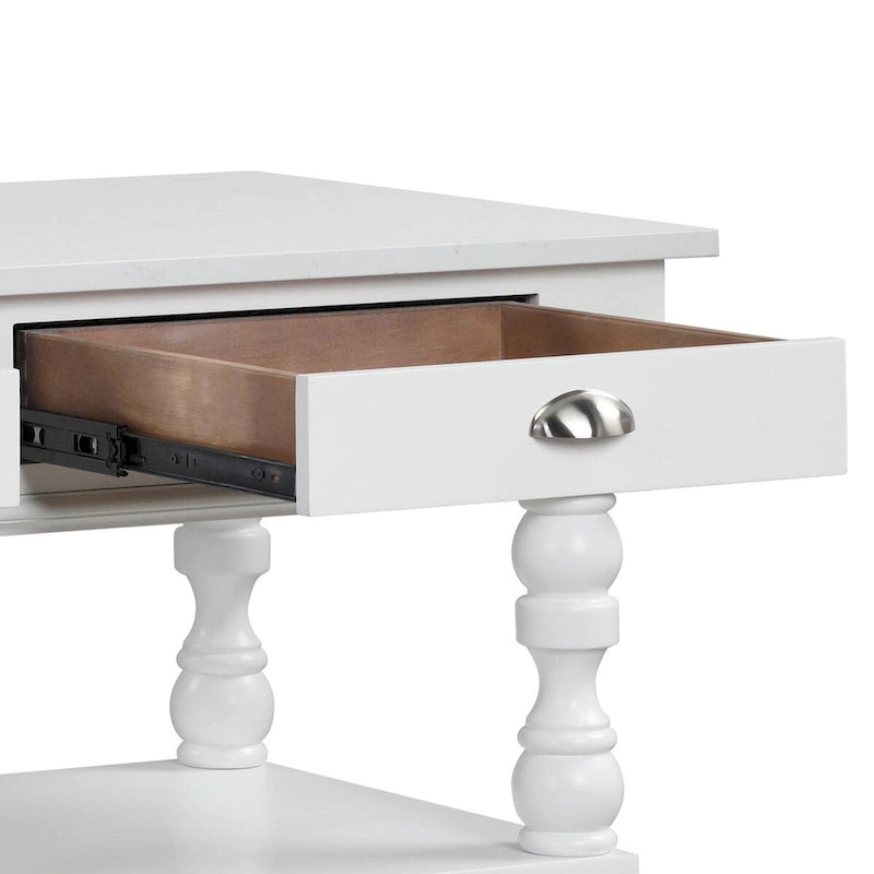White 2-Drawer Kitchen Island with Open Shelves and Marble Top