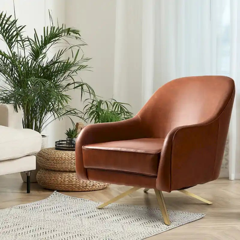 Swivel Accent Chair with 360° Rotation Rolled Arms Thick Cushion Cross Base