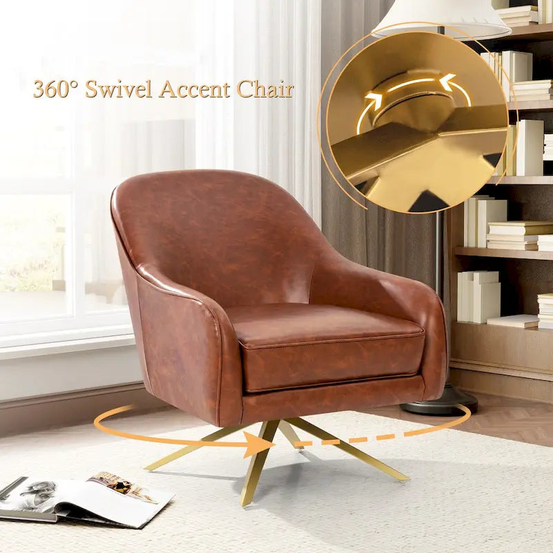 Swivel Accent Chair with 360° Rotation Rolled Arms Thick Cushion Cross Base