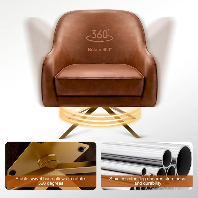 Swivel Accent Chair with 360° Rotation Rolled Arms Thick Cushion Cross Base