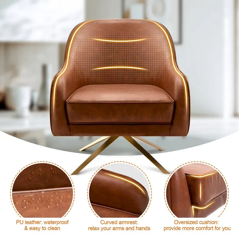 Swivel Accent Chair with 360° Rotation Rolled Arms Thick Cushion Cross Base