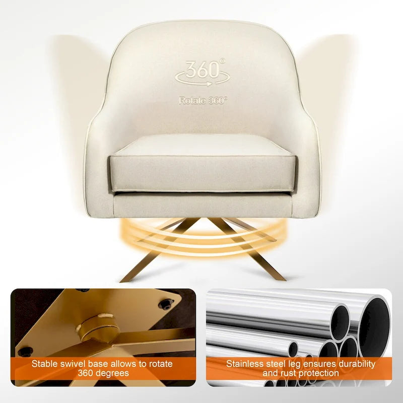 Swivel Accent Chair with 360° Rotation Rolled Arms Thick Cushion Cross Base