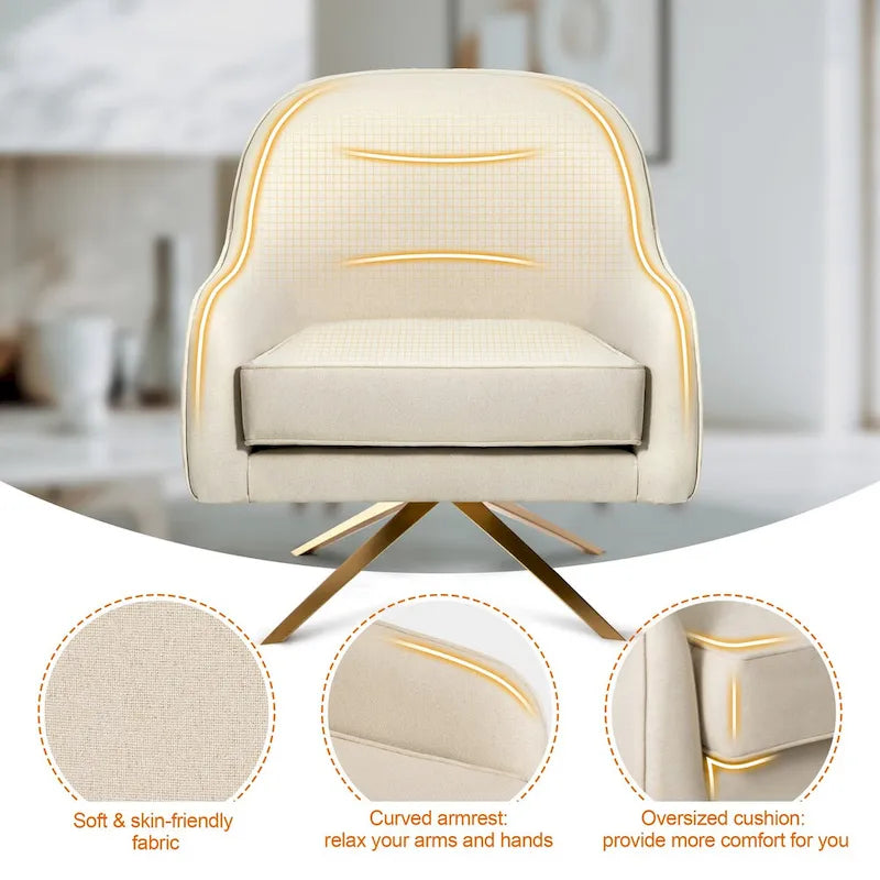 Swivel Accent Chair with 360° Rotation Rolled Arms Thick Cushion Cross Base