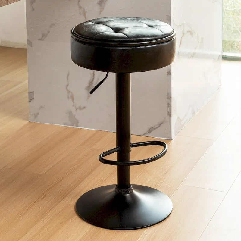 Round Storage Bar Stool Set of 2, Faux Leather Height Adjustable Swivel Counter Stool