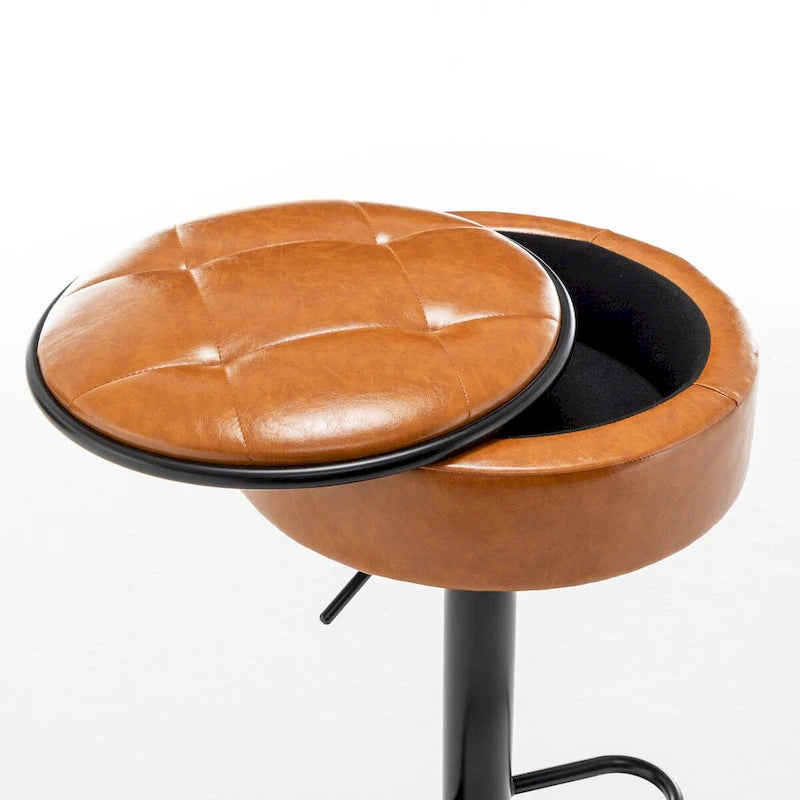 Round Storage Bar Stool Set of 2, Faux Leather Height Adjustable Swivel Counter Stool