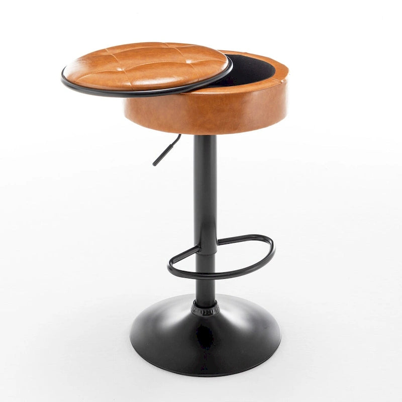Round Storage Bar Stool Set of 2, Faux Leather Height Adjustable Swivel Counter Stool