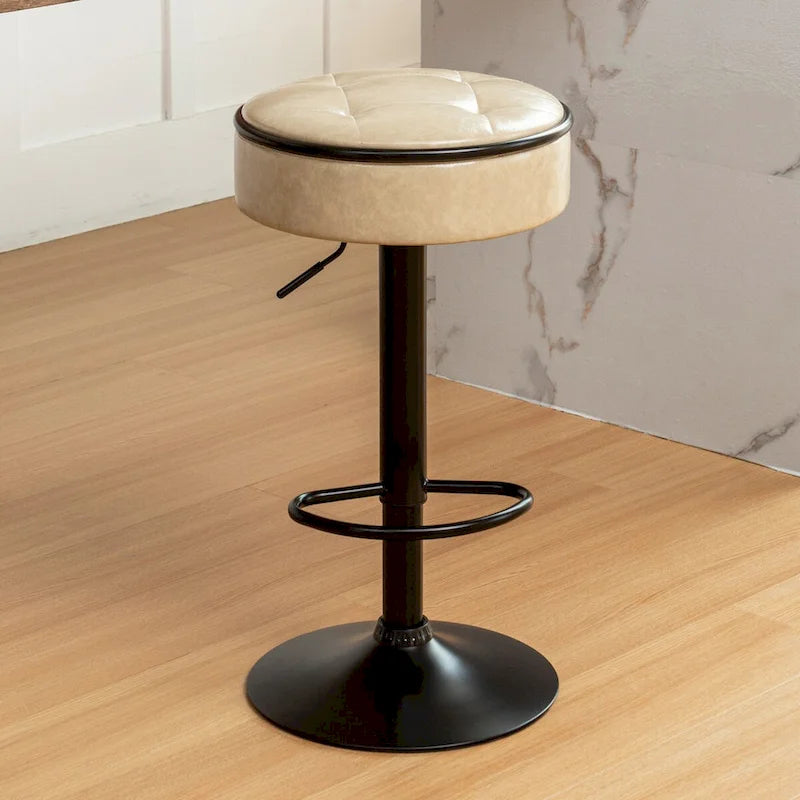 Round Storage Bar Stool Set of 2, Faux Leather Height Adjustable Swivel Counter Stool