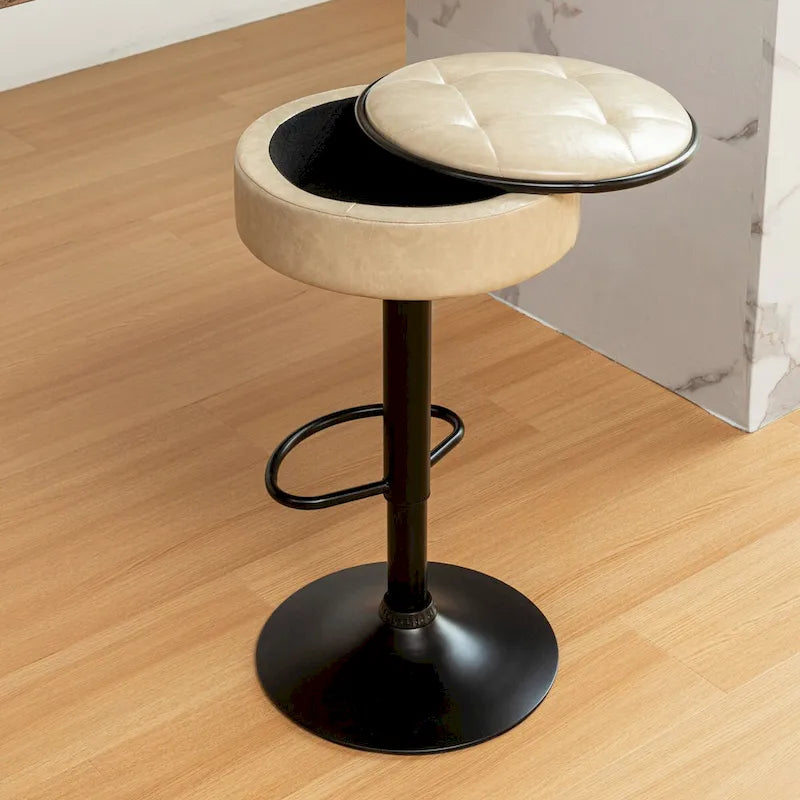 Round Storage Bar Stool Set of 2, Faux Leather Height Adjustable Swivel Counter Stool