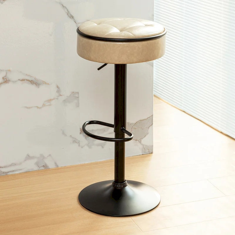 Round Storage Bar Stool Set of 2, Faux Leather Height Adjustable Swivel Counter Stool