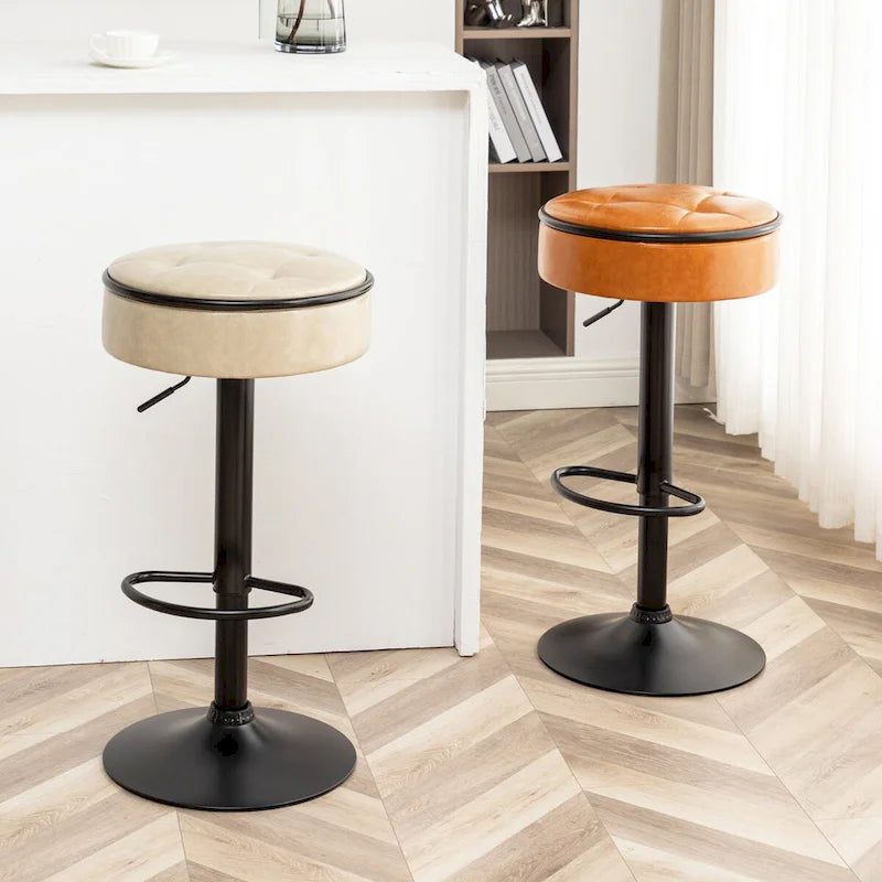 Round Storage Bar Stool Set of 2, Faux Leather Height Adjustable Swivel Counter Stool