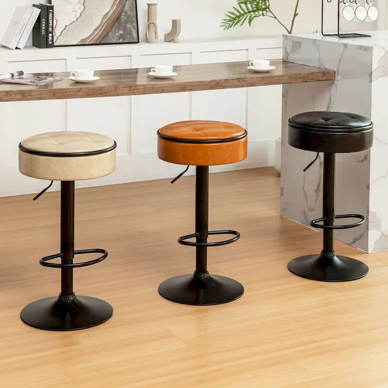 Round Storage Bar Stool Set of 2, Faux Leather Height Adjustable Swivel Counter Stool