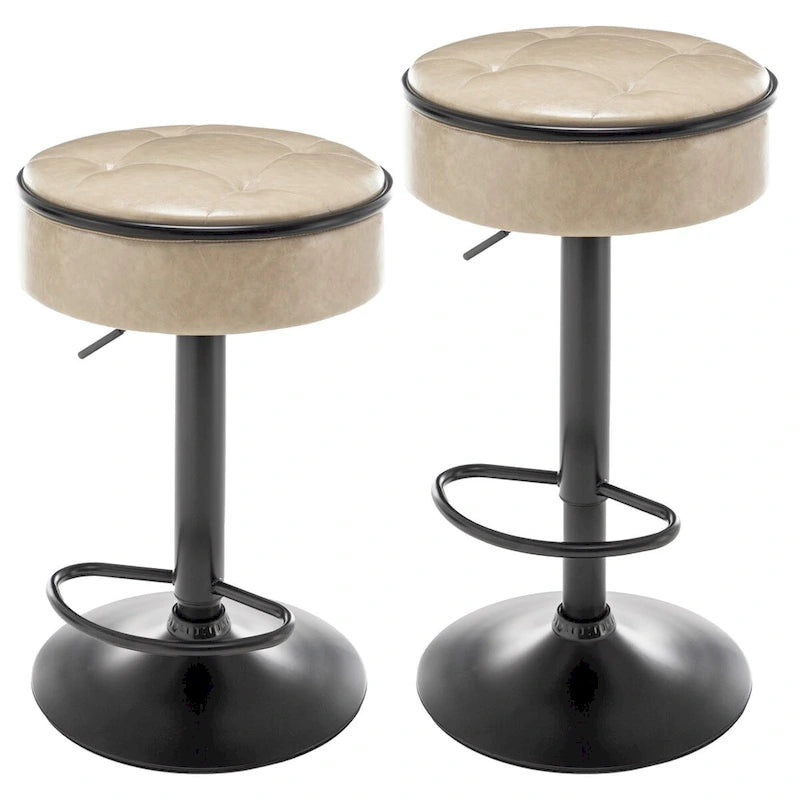 Round Storage Bar Stool Set of 2, Faux Leather Height Adjustable Swivel Counter Stool