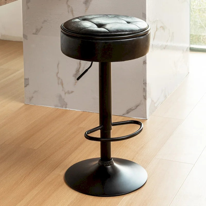 Round Storage Bar Stool Set of 2, Faux Leather Height Adjustable Swivel Counter Stool