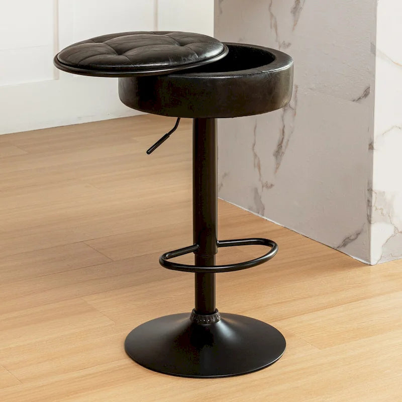 Round Storage Bar Stool Set of 2, Faux Leather Height Adjustable Swivel Counter Stool