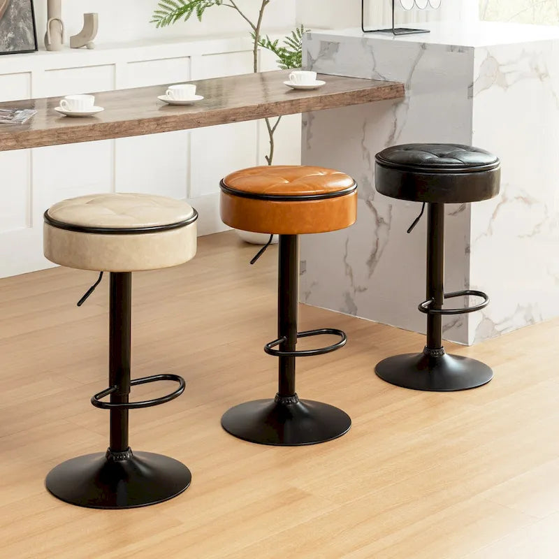 Round Storage Bar Stool Set of 2, Faux Leather Height Adjustable Swivel Counter Stool