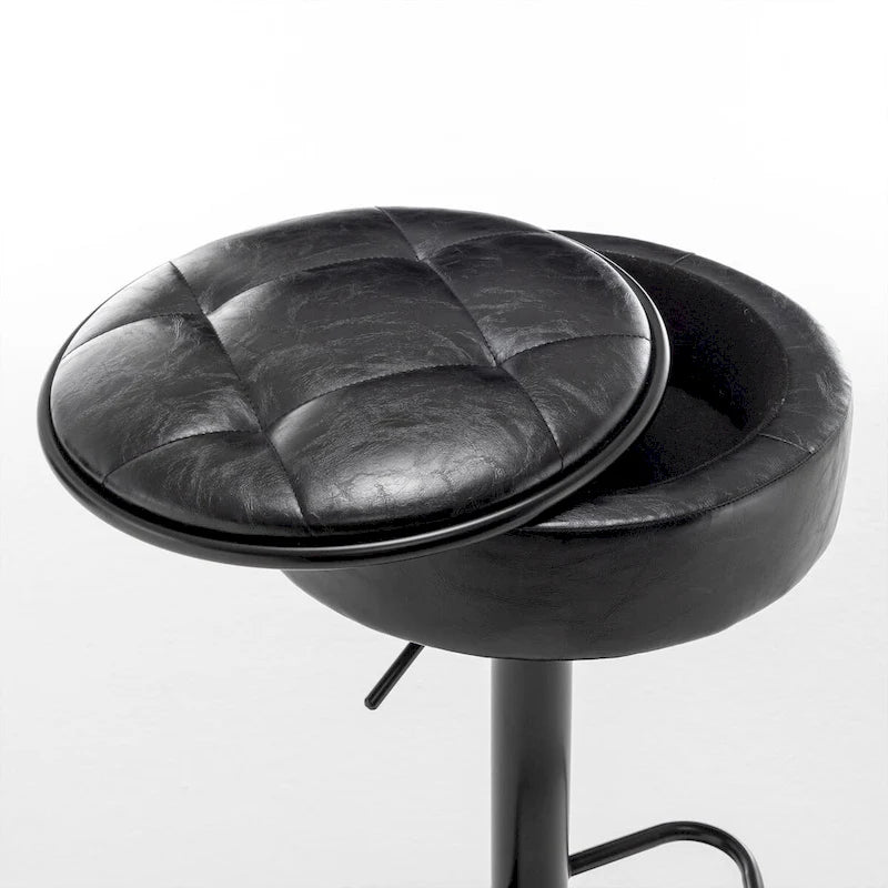 Round Storage Bar Stool Set of 2, Faux Leather Height Adjustable Swivel Counter Stool