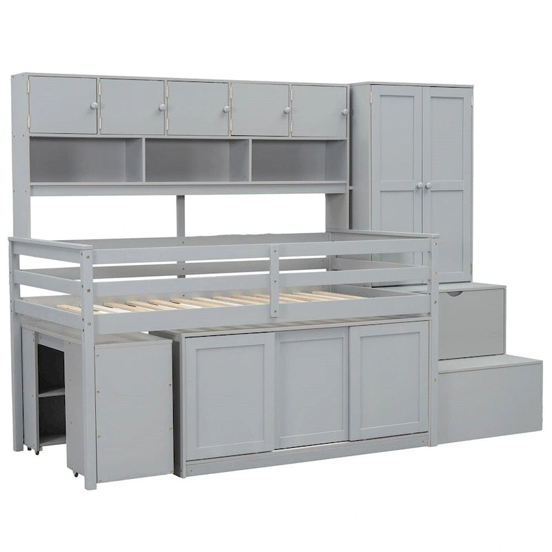 Twin Size Wooden Loft Bed Storage w/ Under-bed Desk, Drawers, Shelves