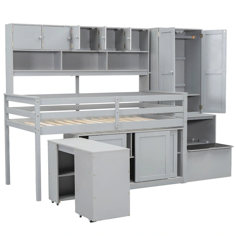 Twin Size Wooden Loft Bed with Storage, Rolling Desk, Drawers and Shelves